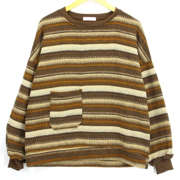 Vintage Fashion Sweater Women's Brown Knit Pullover Oversized Pocket Striped 2XL - Picture 1 of 7